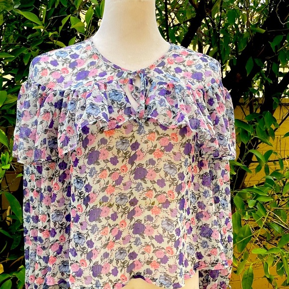 Forever 21 Floral Ruffle Tie Neck Sheer Blouse Women's Small White Purple Pink S - Picture 2 of 8